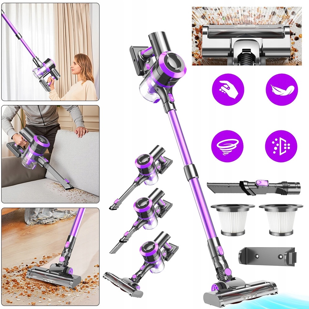 Aspirator vertical fara fir Ydene®, 4 in 1, 400W, 30Kpa, 2500 mAh*6, sistem de filtrare ciclonic, aspirator de mana, Afisaj LED, Iluminare LED, Filtre HEPA, putere de aspirare mare, Accesorii interschimbabile, 1.2 l, violet si gri