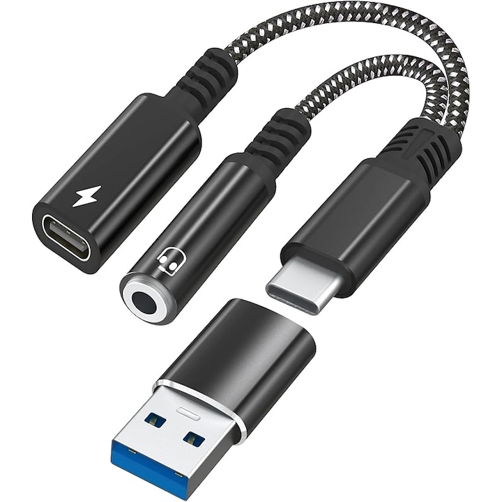 USB C 2 az 1-ben adapter 3,5 mm-es jack csatlakozóhoz fejhallgatóhoz és töltéshez, USB-Type-C adapterkészlettel, PD 3.0/60W gyorstöltés, Google Pixel és Samsung Galaxy kompatibilis, Fekete