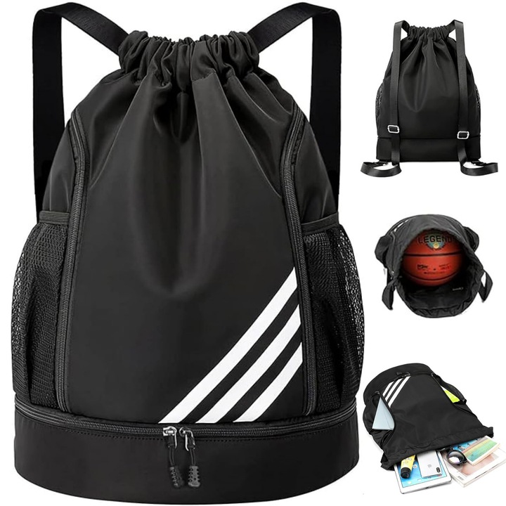 Rucsac sport, capacitate mare, negru inchis, cu compartiment pentru incaltaminte, impermeabil, Fermoar, Cordon de strangere, 45x33cmx16cm, unisex