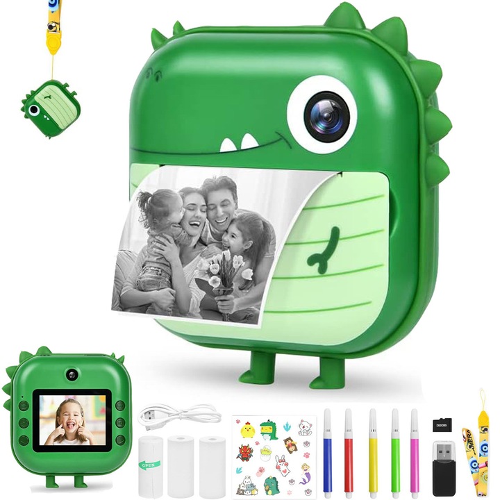 Camera foto instant pentru Copii Oricean®, Functii Foto, Video, Printare, HD 1080p, ecran 2.4 inch, 3 Jocuri Interactive, 1200mAh, card memorie 32 GB, USB type-C, verde