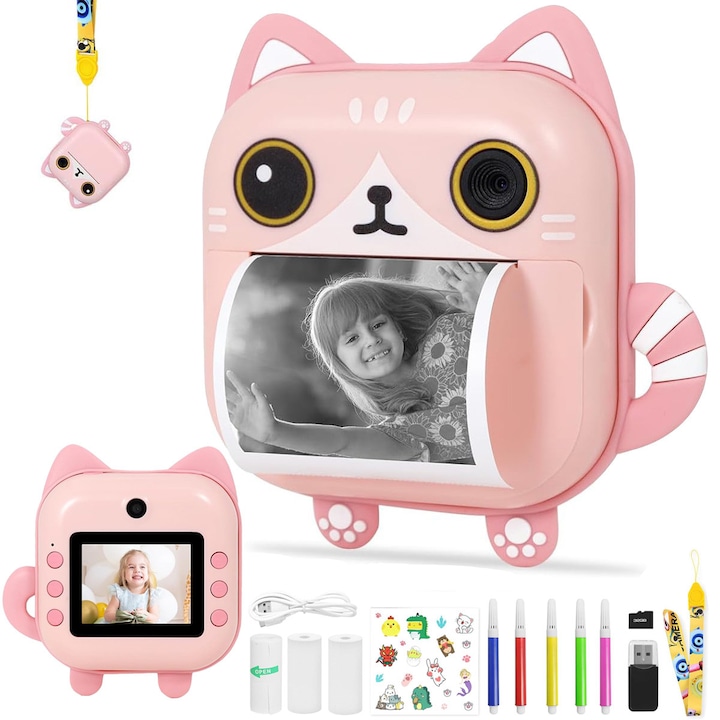 Camera foto instant pentru Copii Oricean®, Functii Foto, Video, Printare, HD 1080p, ecran 2.4 inch, 3 Jocuri Interactive, 1200mAh, card memorie 32 GB, USB type-C, pink