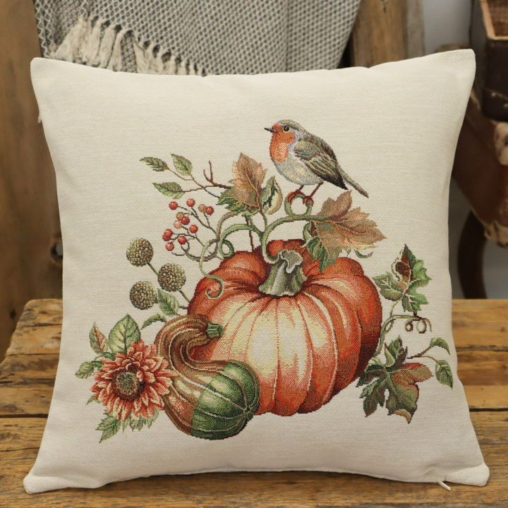 Fata de perna tip goblen, model toamna cu dovleac si pasari, 45x45 cm