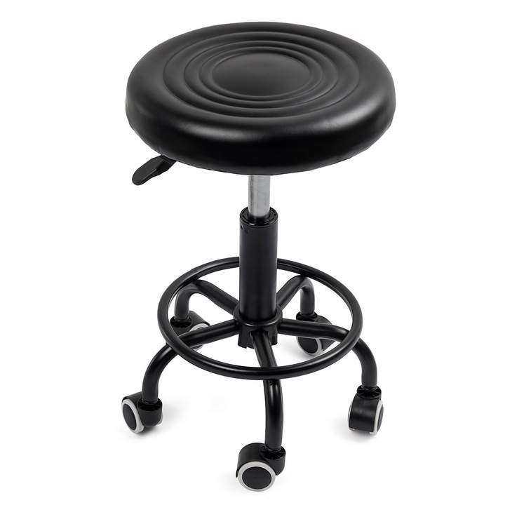 Szalonszék, Kozmetikai, Pedikűrös, Manikűrös, Fodrászos, Tetoválós szék, Acélváz, Kerek, Hidraulikus Pumpával és Kerekekkel, Ekobőr, Fekete