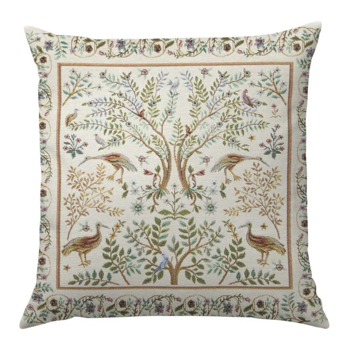 Fata de perna tip goblen, model pasari Ancient Garden, 45x45 cm