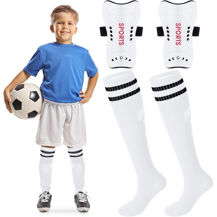 Protectori pentru picioare pentru copii, protectie pentru picioare pentru fotbal, echipament de protectie sportiva, nailon/plastic, negru/alb, marime M, 11x17 cm, set gratuit de sosete din bumbac inclus, sosete marime M, 30-37 EU