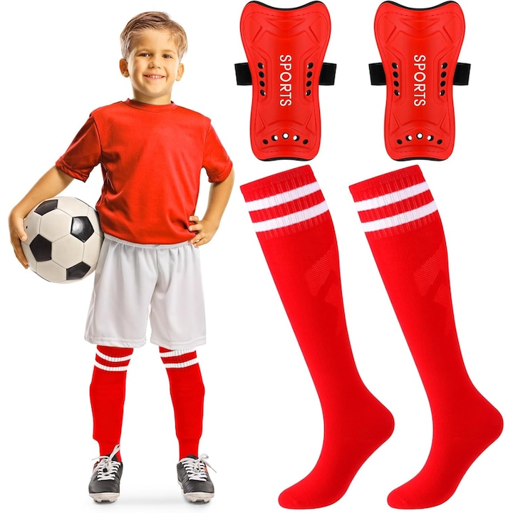 Protectori pentru picioare pentru copii, protectie pentru picioare pentru fotbal, echipament de protectie sportiva, nailon/plastic, rosu, marime M, 11x17 cm, set gratuit de sosete din bumbac inclus, sosete marime M, 30-37 EU