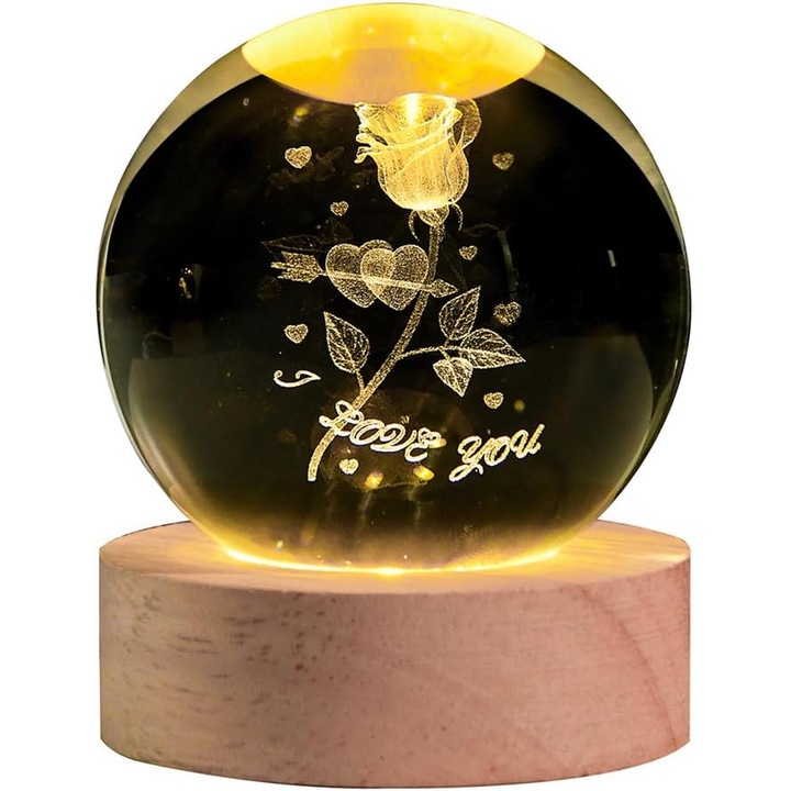 Glob de cristal 3D, 8 cm, motiv trandafir, cu baza din lemn si lumina LED, lampa decorativa, iluminare in tonuri calde, cadou de Ziua Indragostitilor, cadou de Craciun