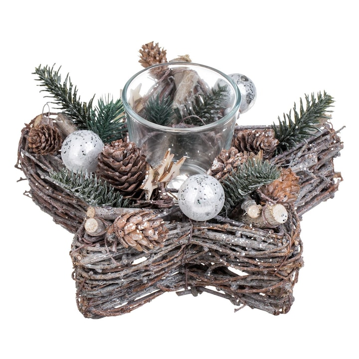 Suport lumanare decorativ de craciun stea cu lemne conuri globuri argintii 22x22x13cm
