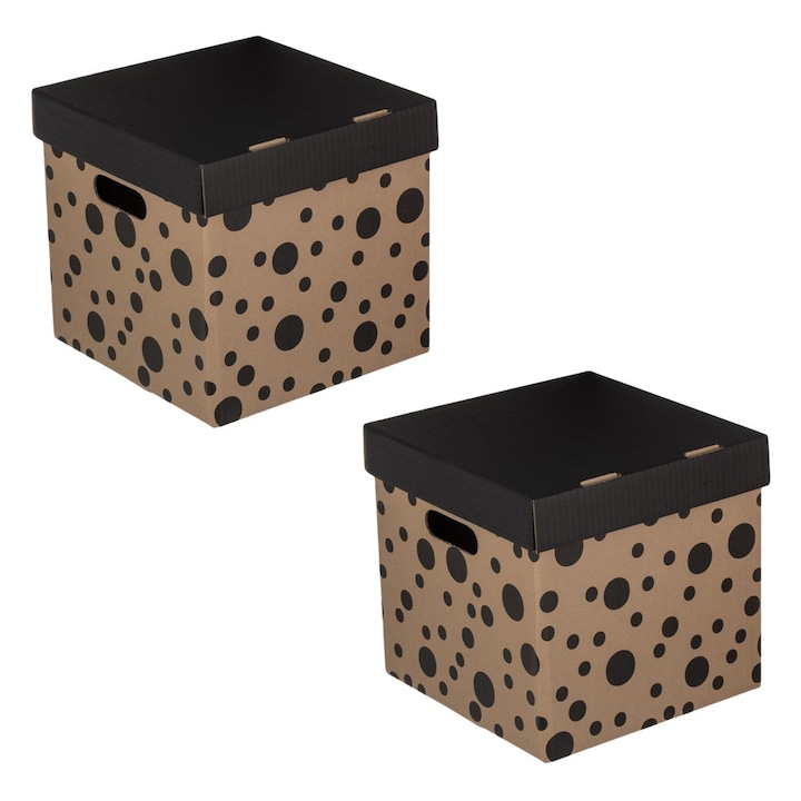 Összecsukható karton tárolódoboz szett, bézs-fekete, pöttyös, 25x26x24cm, 2 db
