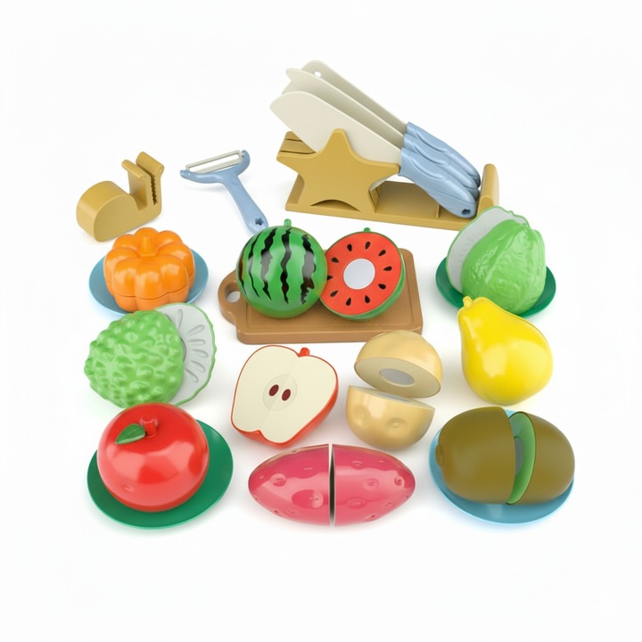 Jucarie Educationala Montessori cu Accesorii de Bucatarie - Joc de Rol cu Fructe si Legume de Taiat pentru Copii - Contine 21 de Piese din Plastic Fin si Sistem de Prindere cu Scai - Multicolor - 3 Ani+