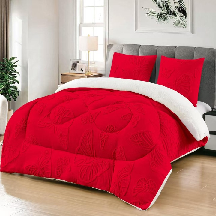 Pilota Cocolino cu Blanita, Set de 3 Piese, Fluturi in Relief, Rosu Deschis, 200x230cm