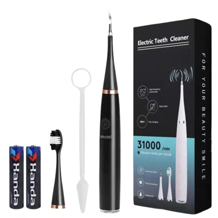 Ultrahangos fogtisztító, Akku működtetésű, fogkefe fejekkel, hegyes végű fej, szájtükör, 2 db AA elemmel, Fogtisztító eszközök, Fogászati tisztító készlet, Hangos fogtisztító, Fogkőeltávolító készülék, Ultrahangos fogtisztító készülék, Elektromos fogkefék