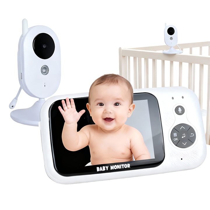 Bébiőr kamera és hang, 3.2" képernyő éjjellátóval, kétirányú audio és hőmérséklet-érzékelő, hangvezérlés és többnyelvű, bébiőr kamera, autó bébiőr, audio bébiőr, fehér