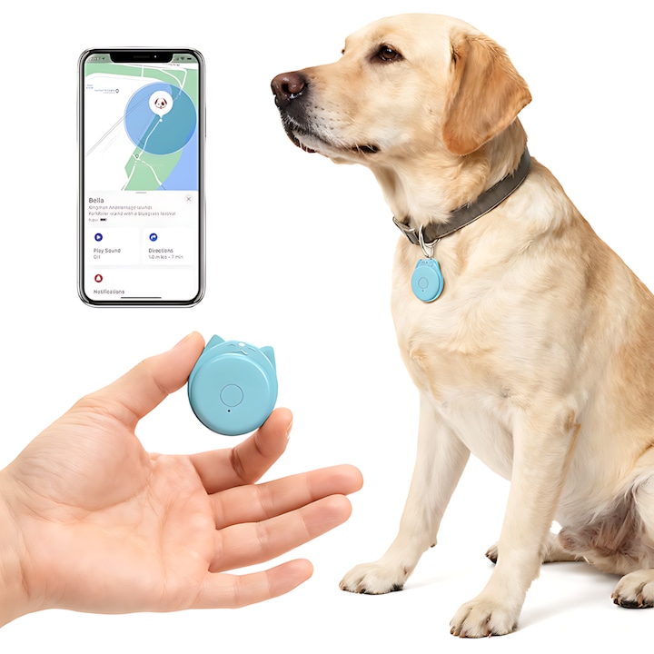 Тракер GPS Mini Син за Кучета, Tracker GPS за Кучета и Котки, 7.6g Лек Bluetooth 5.4, Обхват 35м и Приложение, Съвместим с iOS Android, Нашийник за Кучета и Нашийник за Котки