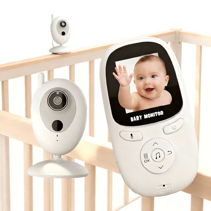 Monitor Bebelusi cu Camera si Audio, Ecran 2.0" cu Vedere Nocturna, Audio Bidirectional si Senzor de Temperatura, Activare Vocala si Multilingv, Monitor cu Camera pentru Bebelusi, Monitor Auto pentru Bebelusi, Monitor Audio pentru Bebelusi, Alb