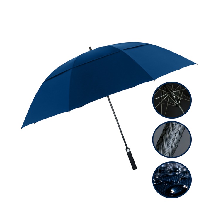 Umbrela, Diametru Extra Large 135cm, 8 Nervuri Umbrela UV: Umbrela de Golf Albastra cu Arbore din Fibre de Sticla Rezistent la Rugina, Material 210T Pongee, Umbrela de Calatorie si Umbrela pentru Barbati, Albastra