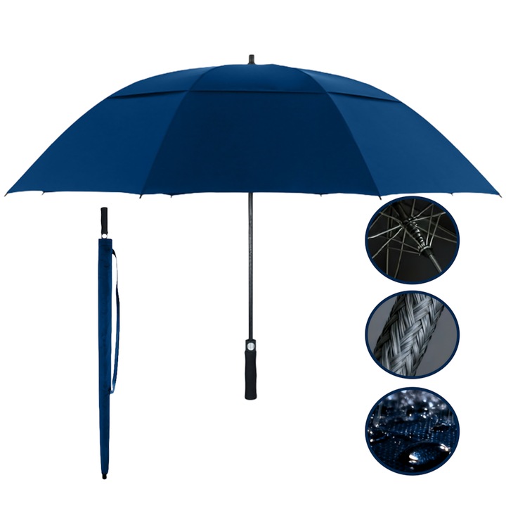 Umbrela, Diametru Extra Large 150cm, 8 Nervuri Umbrela UV: Umbrela de Golf Albastra cu Arbore din Fibre de Sticla Rezistent la Rugina, Material 210T Pongee, Umbrela de Calatorie si Umbrela pentru Barbati, Albastru