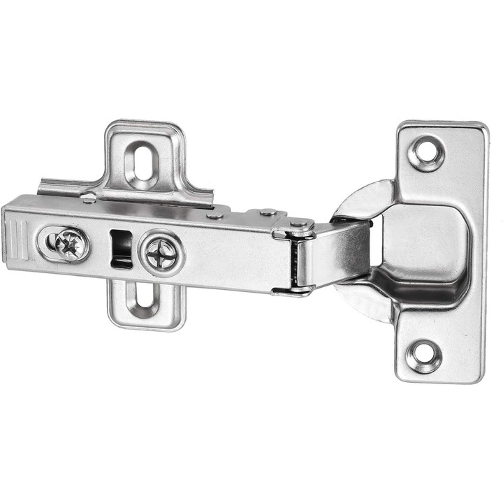 Balama cu amortizor si placuta, aplicata, set 100 buc, fara rama, cu inchidere silentioasa, pentru usi de bucatarie, cu placa de prindere la 135, reglabile, ascunse, finisaj nichelat suprapunere completa