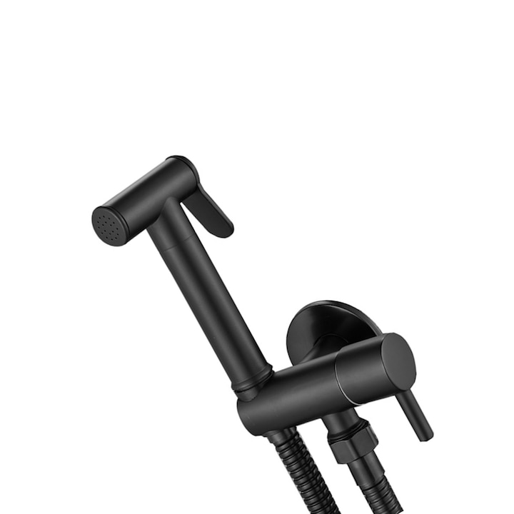 Комплект вграден хигиенен душ за тоалетна, с интимен душ, един вход, кръгъл аксесоар за биде от неръждаема стомана, матово черен