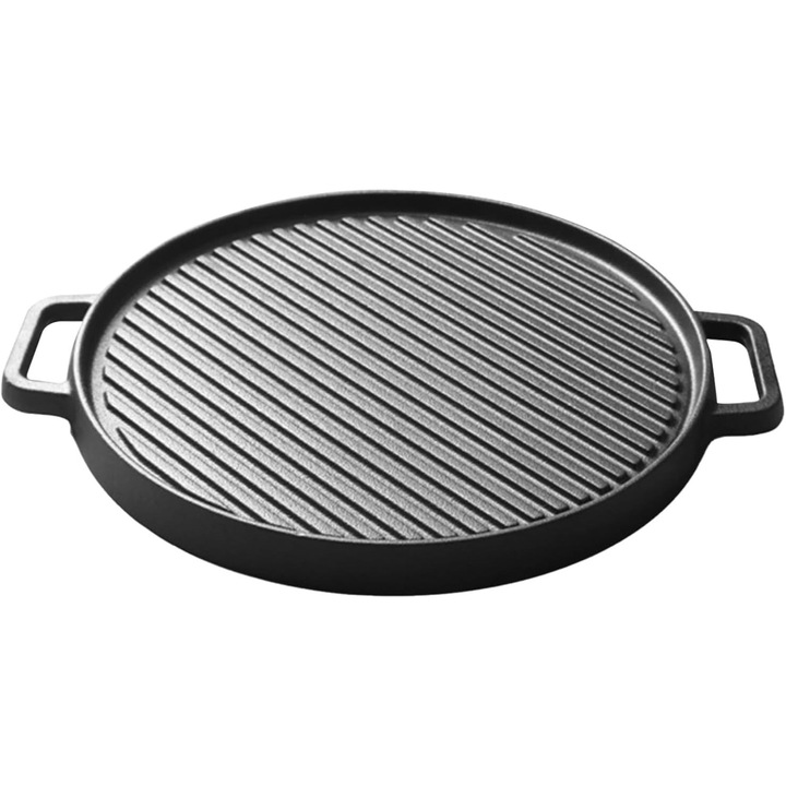 Placa de gratar, Fonta, rotunda rotativa,30cm, Plita din fonta cu doua fete, articole de bucatarie, instrumente de gatit sanatoase pentru camping in interior si in aer liber, gratar, Peste la gratar, Comercial si rezidential, Negru