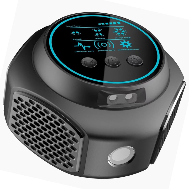 Aparat profesional cu ultrasunete cu 4 difuzoare si lumini intermitente, anti rozatoare, anti sobolani, anti insecte, frecventa 20kHz-65kHz, afisaj digital, la 360°, raza 320 MP, pentru atelier, bucatarie, depozit, garaj, negru