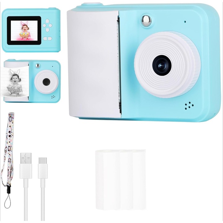 Camera Foto Instant cu Imprimare Termica Fara Cerneala pentru Copii, Aparat Foto pentru Copii,48MP, Inregistrare 1080P HD, MP3 Player, Ecran LCD, Baterie Reincarcabila, Card TF, jocuri, reda muzica si video albastru, Jucarie Educativa