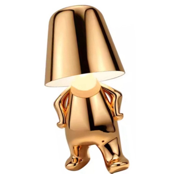 Veioza, LED, Forma de om, Reincarcabila USB, Acumulator 1800mAh, Autonomie 8h,3 moduri de iluminat (cald, neutru, rece), Temperatura culorii 3000K, Comutator tactil, Design modern, Lumina ambientala, Acasa, Birou, HORECA, Auriu, Iluminare ambientala