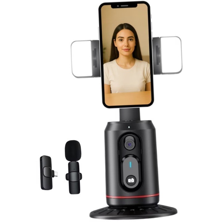 Комплект за заснемане 3-в-1 - безжичен микрофон Plug & Play, интелигентен AI гимбал на 360 градуса, с автоматично проследяване на лицето и LED светлини, съвместим за iPhone и за Android, идеален за влогове или създатели на съдържание за TikTok, за Youtube
