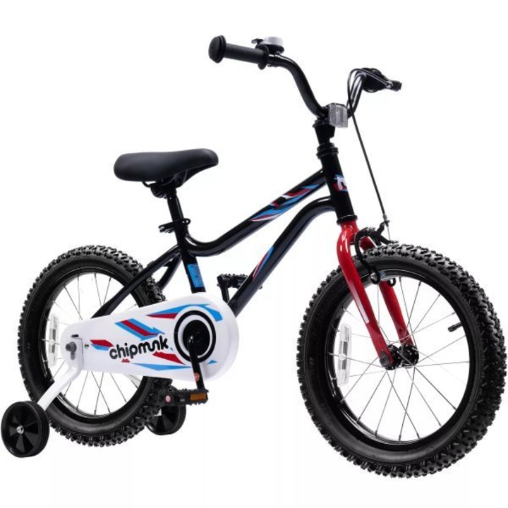 Bicicleta pentru copii, 16 inch, negru-rosu, cu roti auxiliare, protectie lant