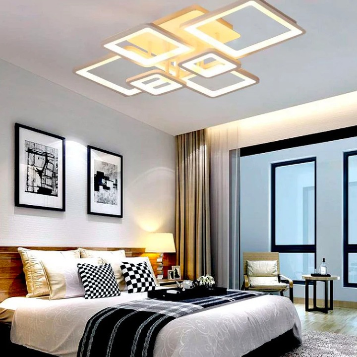 Lustra LED cu telecomanda ELLA 124W, 6 Patrate, lumina Rece/Calda/Neutra, Dimabila, Alb, LT130/6WH