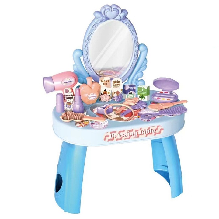 Set masuta de toaleta pentru copii, Masuta de Machiaj pentru Fetite, Oglinda, Uscator, Accesorii Complete Make-Up si Coafura, albastru，Potrivit pentru fete de 3 ani si peste