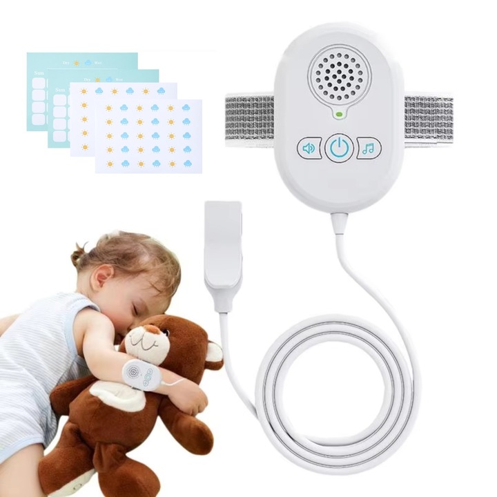 Alarma pentru incontinenta urinara, WALALLA, senzor de inalta sensibilitate, banda de brat reglabila, sunet puternic, vibratii puternice, potrivita pentru copii, varstnici sau persoane cu mobilitate limitata, alb