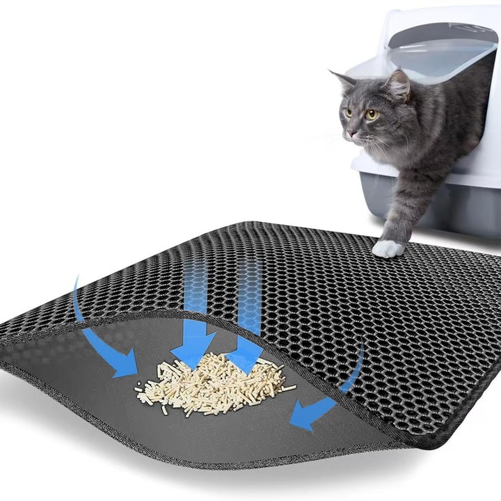 Covor pentru litiera pisicii 45x60cm, Design cu deschidere laterala dubla in strat de fagure de miere EVA, Gri