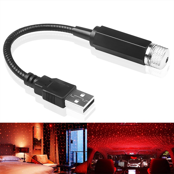 Lumini Ambientale Auto, MorFansi®, Lungime 21cm, Interfata USB, Portabile, Ajustabile, Pentru Interiorul Masinii, Tavan, Dormitor, Terasa Sau Decorarea Petrecerilor, Rosu