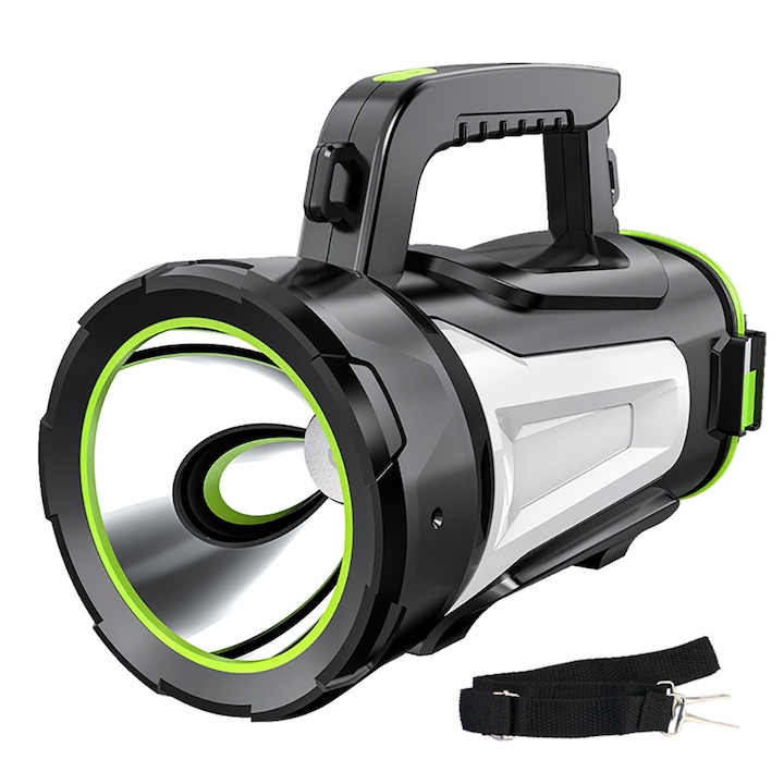 Професионален LED фенер UltraFire, 1200 лумена, USB презареждаема батерия, функция Power Bank, водоустойчив IPX45, черен със зелено
