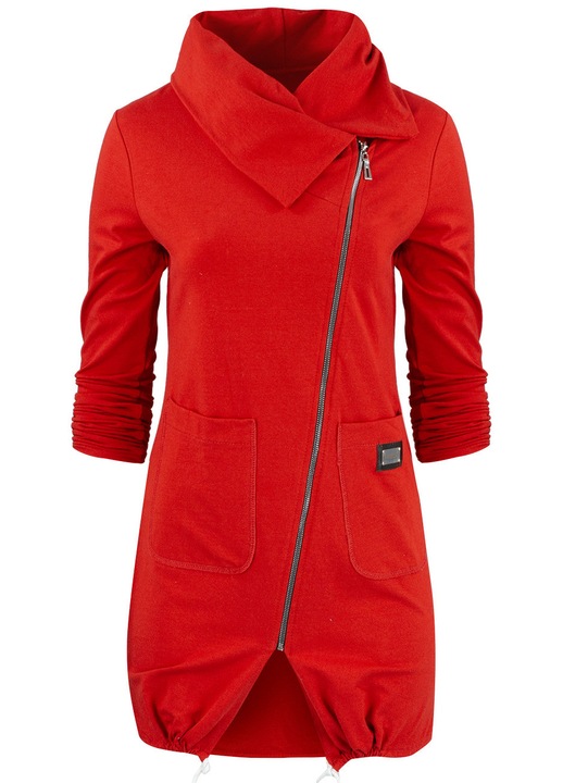 Hanorac dama lung BEATA, rosu, cu fermoar oblic, guler tip burlan, bumbac elastic, fara gluga, buzunare frontale – stil casual si confort unisize