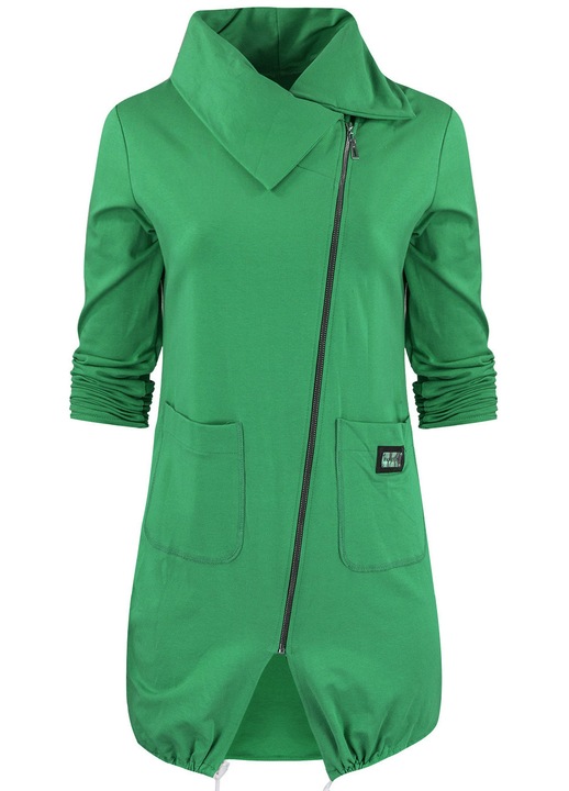 Hanorac dama lung BEATA, verde opalin, cu fermoar oblic, guler tip burlan, bumbac elastic, fara gluga, buzunare frontale – stil casual si confort unisize