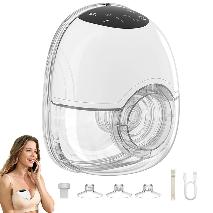 Електрическа помпа за кърма, Topdii®, Преносима с функция за масаж, 4 режима с 12 нива на интензивност, 180 мл, с фланци 17/19/21 мм, LED тъчскрийн, Бял