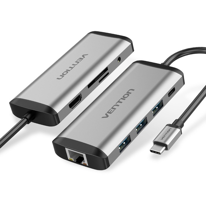 Докинг станция USB-C 9-в-1, VENTION, 1xUSB-C, 1xHDMI, 3xUSB 3.0, 1xRJ45, 1xслот карта SD, 1xслот карта TF, 1xTRRS 3,5 мм, 1xPD (100 W), 4K, Сив, 0,15 м