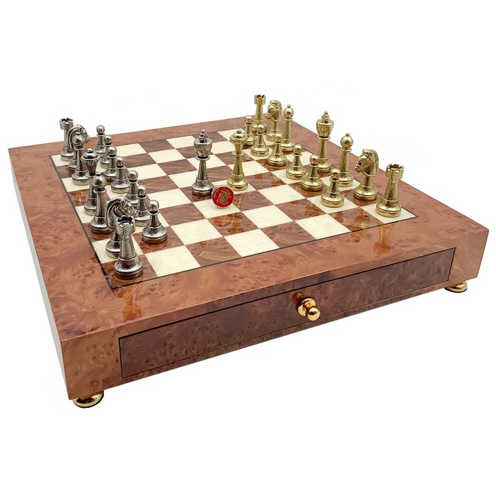 Луксозен месингов шахматен комплект Staunton на дървена дъска 42x42см, височина на царя 7.5см, многоцветен