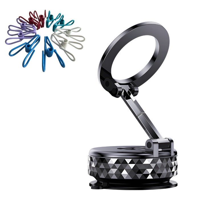 Mágneses autós telefontartó, összecsukható, műszerfalra/szélvédőre/sima felületre rögzíthető, állítható, korrózióálló, fekete, univerzális, teljesen elforgatható, biztonságosan illeszkedik + 3 praktikus tömítő klipsz (véletlenszerű szín)