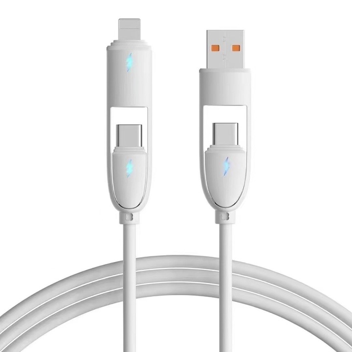 4 IN 1, Cablu de date si incarcare rapida, 27W, 2 x USB-C, USB, Lightning, Fast Charge, 1.2m, iPhone compatibil, Samsung, Huawei, Telefon, Tableta, Alb