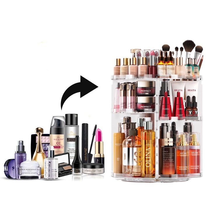 Козметичен органайзер, въртящ се на 360 градуса, различни отделения, 23 см x 30 см, прозрачен, HAPPY JOKER®