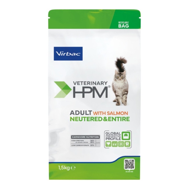 Hrana uscata pentru pisici, Virbac Adult Neutered & Entired cu Somon, 1.5 kg