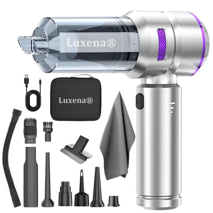 Aspirator auto portabil de mana fara fir 4-in-1 cu acumulator Luxena AirPro3, pentru masina si casa, aspirare umeda/uscata, vidare, suflare, umflare, 110.000 rpm, 3 trepte, 6000 mAh, filtru HEPA lavabil, 15 accesorii, geanta de transport, Argintiu cu Mov