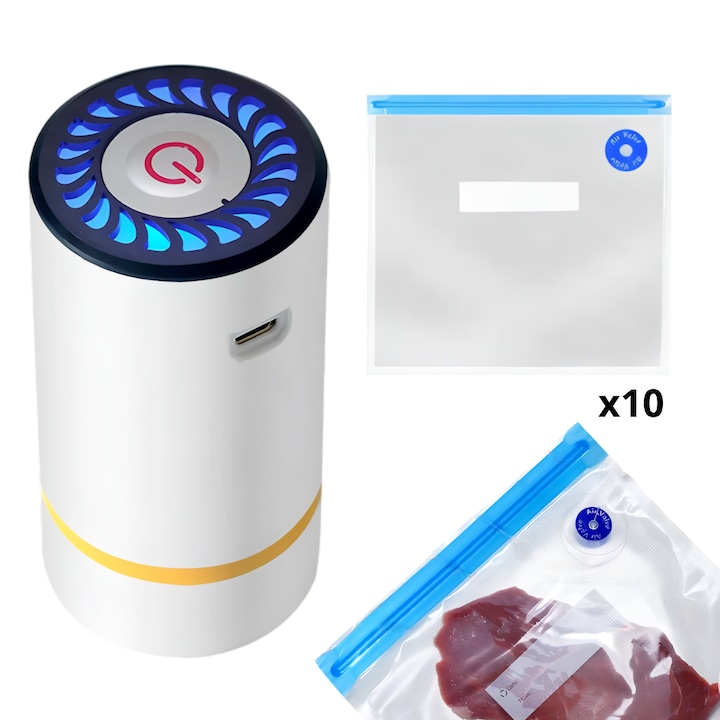 Set Aparat de Vidat alimente Salestore.ro® + 10 pungi de vidat incluse 26X34 cm, aparat tip pompa, portabil, 3W