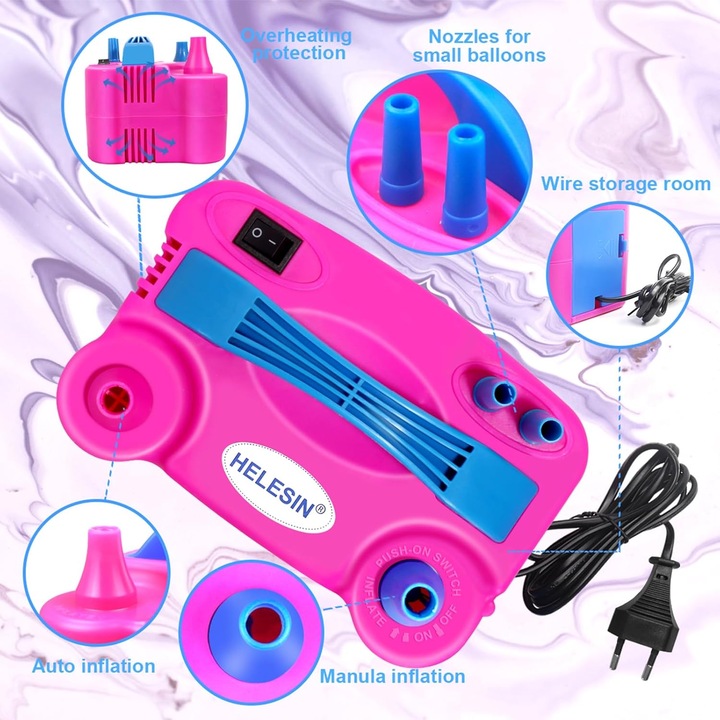 Електрическа помпа за балони, 600W, 7 аксесоара, 2 режима, розов