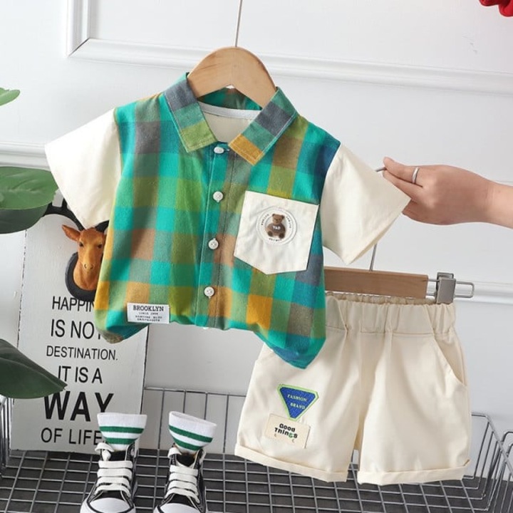 Compleu SuperBaby, Model AL 21283 cu camasa verde in carouri, Multicolor, Multicolor