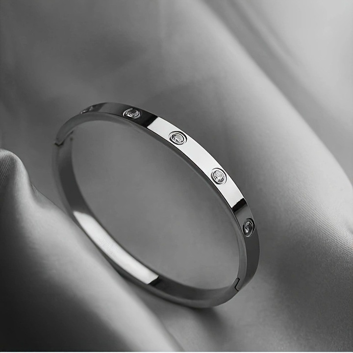 Bratara, placata cu aur 18k, model simplu, cu zirconii cubice, argintiu