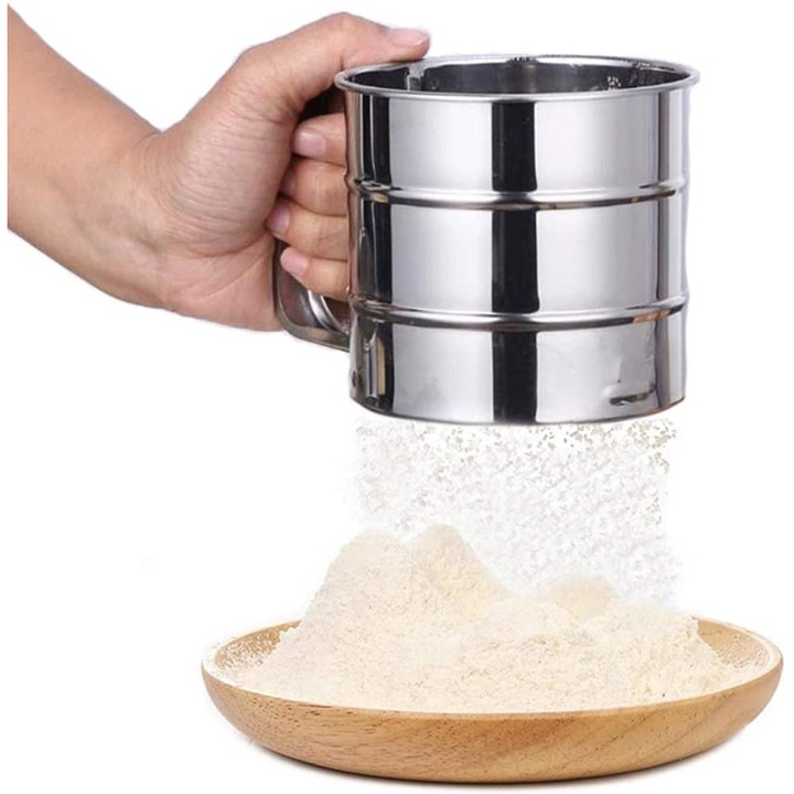 Sita de faina din inox, cu maner, pentru zahar pudra, argintiu